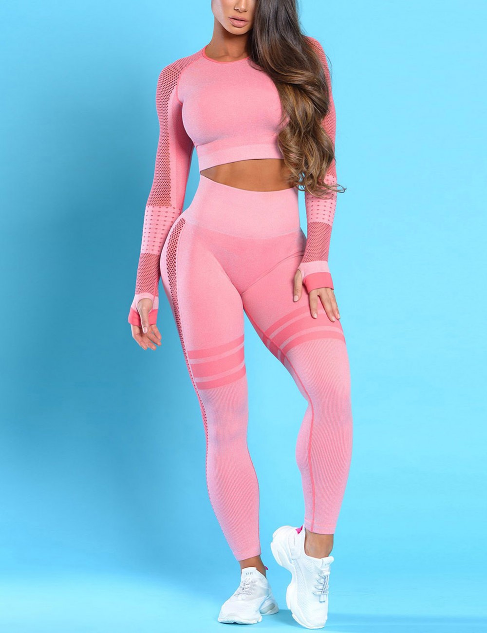 Light Pink Mesh Patchwork Sports Suit Full Sleeve Warm-Up